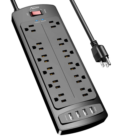 Power Strip, ALESTOR Surge Protector with 12 Outlets and 4 USB Ports, 6 Feet Extension Cord (1875W/15A), 2700 Joules, ETL Listed, Black Alestor