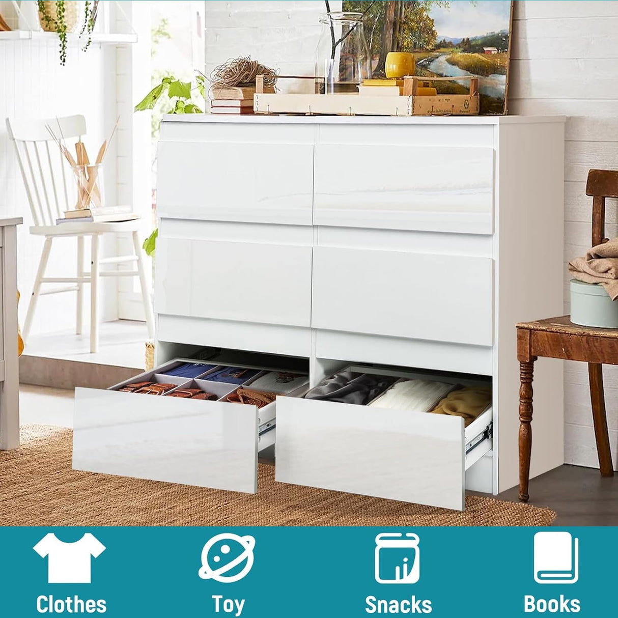 YORKING 6 Drawer Dresser for Bedroom,White Dresser,Wood Dresser,Dresser Set for Bedroom,Dressers and chests of Drawers Large Storage Cabinet,15.7" D x 47.2" W x 32.5" YORKING
