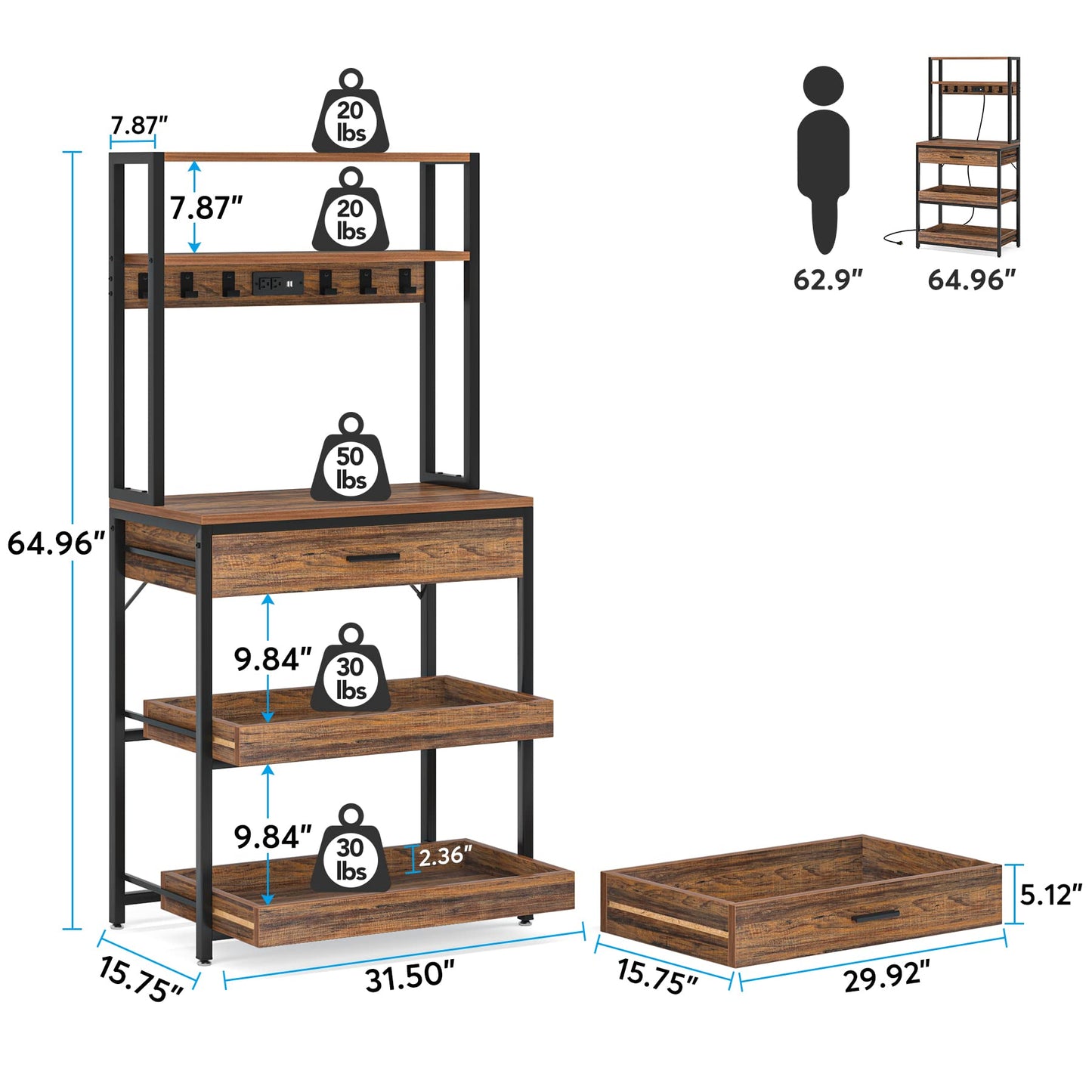 Tribesigns Rustic Brown 5-Tier Kitchen Bakers Rack with Power Outlets and Drawers - WoodArtSupply