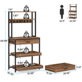 LITTLE TREE Kitchen Baker’s Rack with Power Outlets, Freestanding 5-Tier Microwave Stand with Drawers & Sliding Shelves, Coffee Bar with 6 Hooks for Dining Room Living Room, Rustic Brown LITTLE TREE