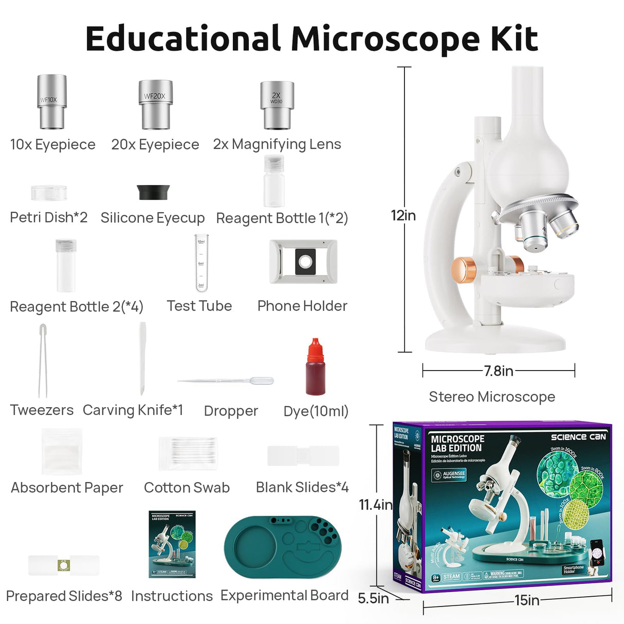 Science Can Microscope for Kids, 1600X Magnification LED Student Microscope with 8 Prepared Slides, Educational Science Lab Toy Great Birthday Gifts, Science Kits for Kids Ages 8-12 Science Can