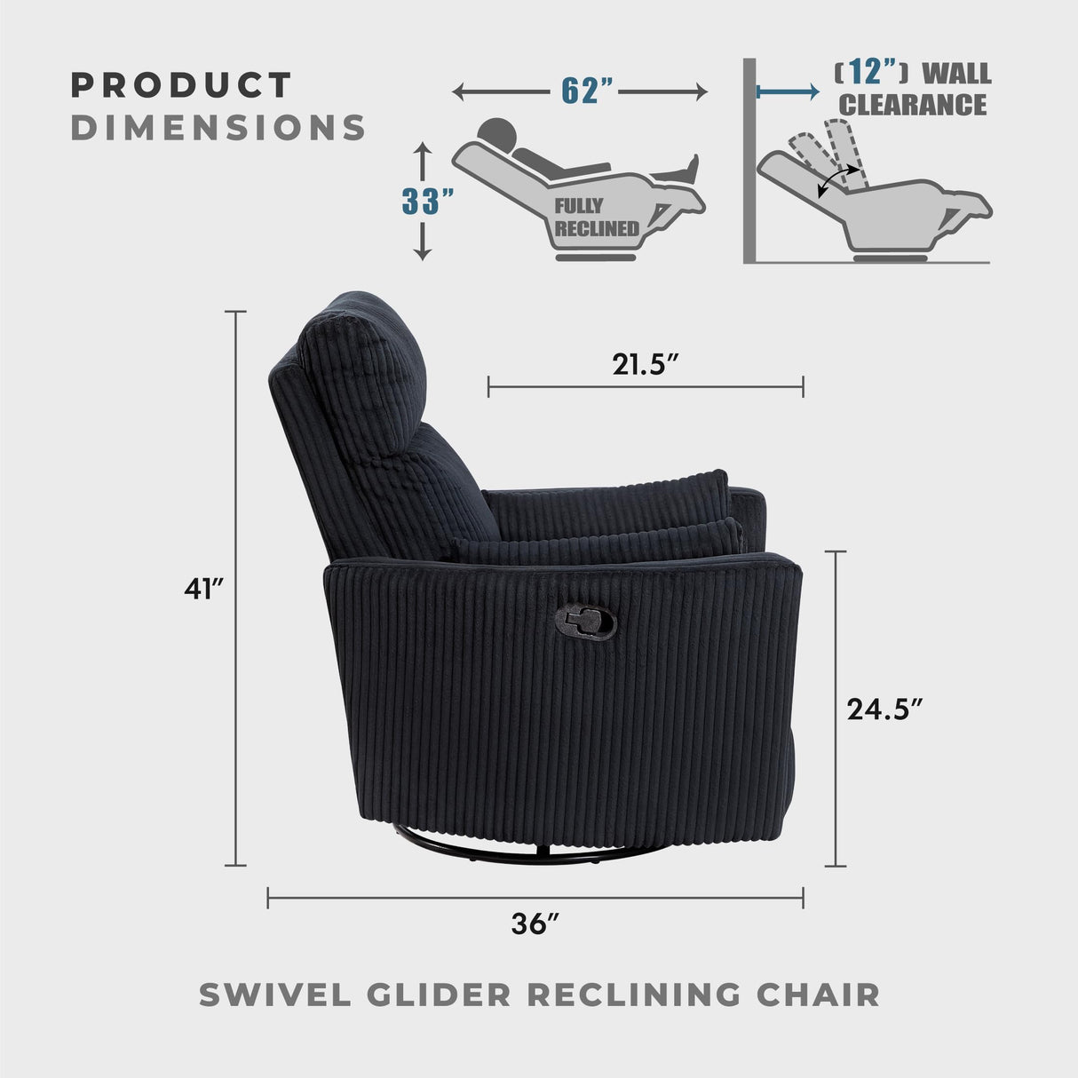 Lexicon Modern Swivel Glider Recliner Chair, Nursery Glider, Corduroy Fabric Upholstery Recliner with 2 Lumbar Pillows, Manual Reclining Sofa Chair for Living Room/Office/Apartment, Black Lexicon