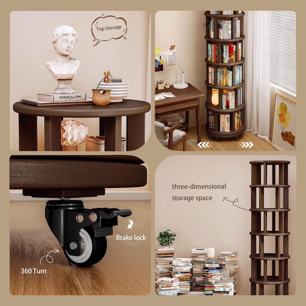 MKSDJIW 6 Tier Rotating Bookshelf, Solid Wood Spinning Bookcase Tower, 360° Spinning Book Shelf Tower for Kids, Narrow Rolling Bookshelves for Small Space, Bedroom, Office MKSDJIW