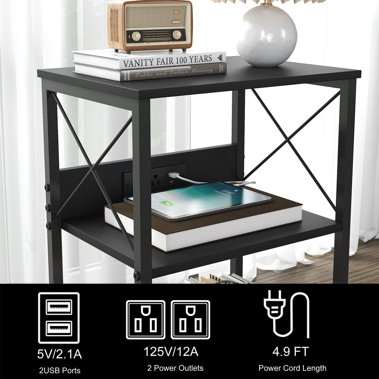 3 Tiers End Table with Charging Station,LED Side Table Turntable Stand for Vinyl Storage, Records Shelf for Albums, Vinyl Holder Shelf Records Player Stand for Living Room, Bedroom Black WoodArtSupply