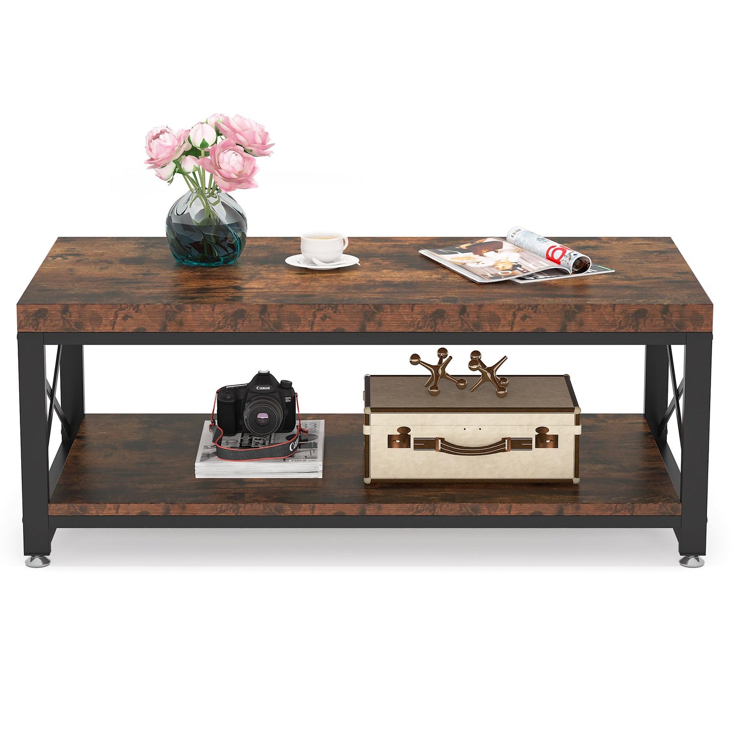 Tribesigns Industrial Coffee Table, 43 inch Cocktail Table with Storage Shelf for Living Room, 2 Tier Rectangle Center Table Tea Table with X-Shaped Steel Frame, Easy Assembly, Rustic Brown - WoodArtSupply