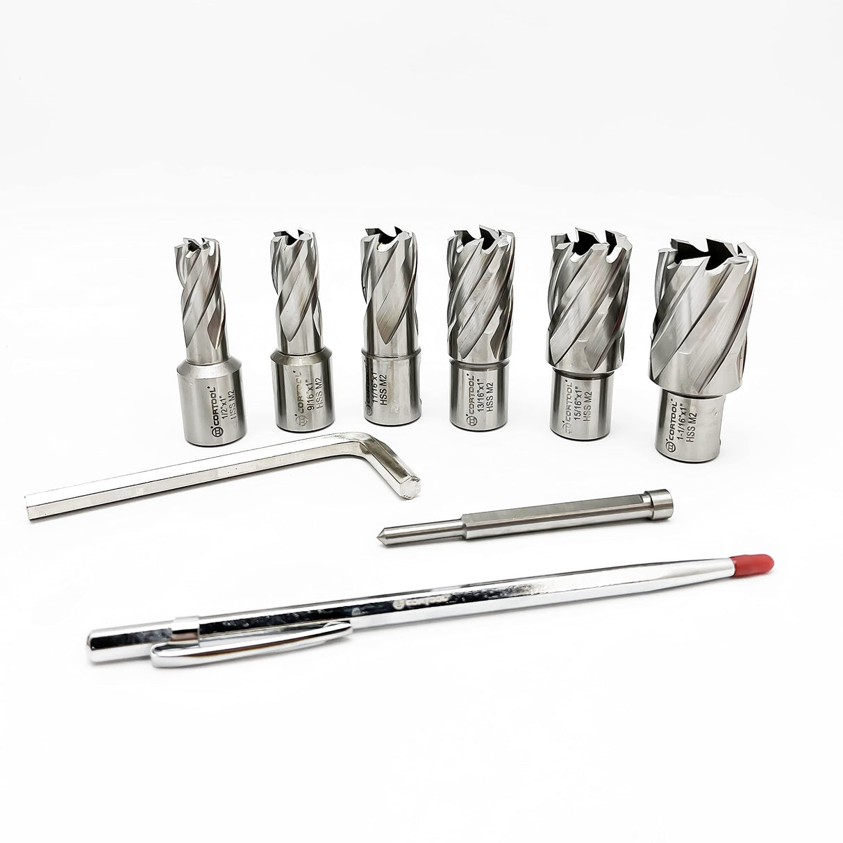 CORTOOL Annular Cutters Set 9pcs 3/4 Inch Weldon Shank 1 Cutting Depth 1/2-1-1/16 Cutting Diameter Two-Flat HSS M2 Slugger Bits for Mag Drill Press with Pilot Pin & Carbide Tipped Pen Cortool