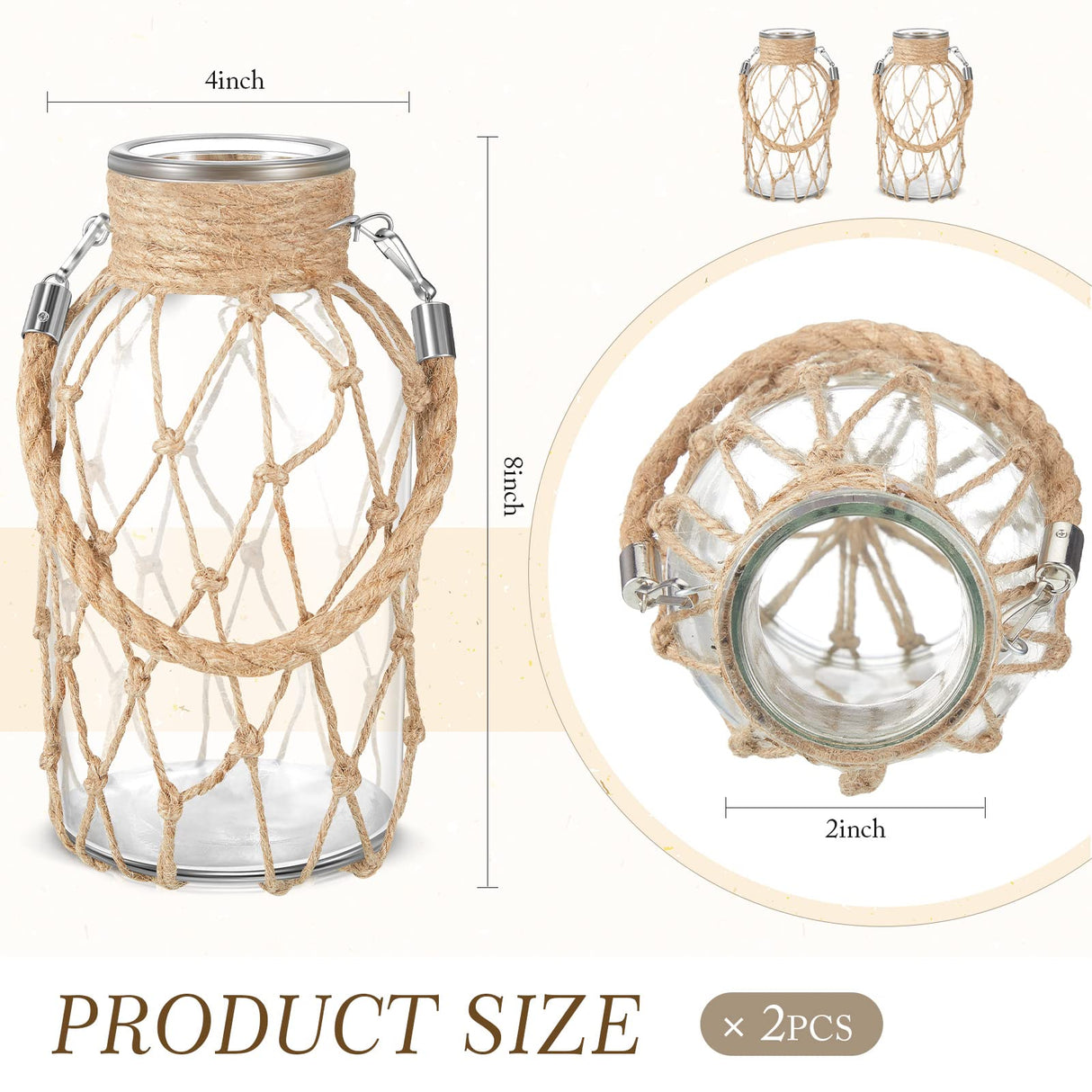 Set of 2 Rope Net Dry Flower Glass Vase 7.9 x 4 Inches Wicker Farmhouse Vase Coastal Decor for Wedding Tables Home Rustic Hanging Mason Jar Rope Wrapping Decorative Bottles Nautical Decor Sabary
