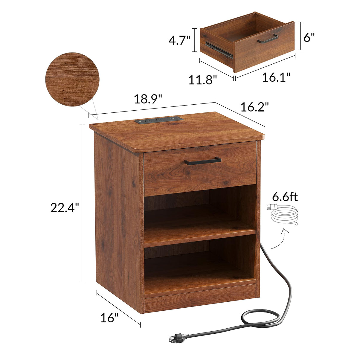 ODIKA Everyday Side Table with Fast Charging Station - USB C Cable Fast Charging, Wooden Brown Nightstand Bedside Table with Drawer, End Table with Optional Adjustable Shelf for Bedroom, Set of 1 ODIKA