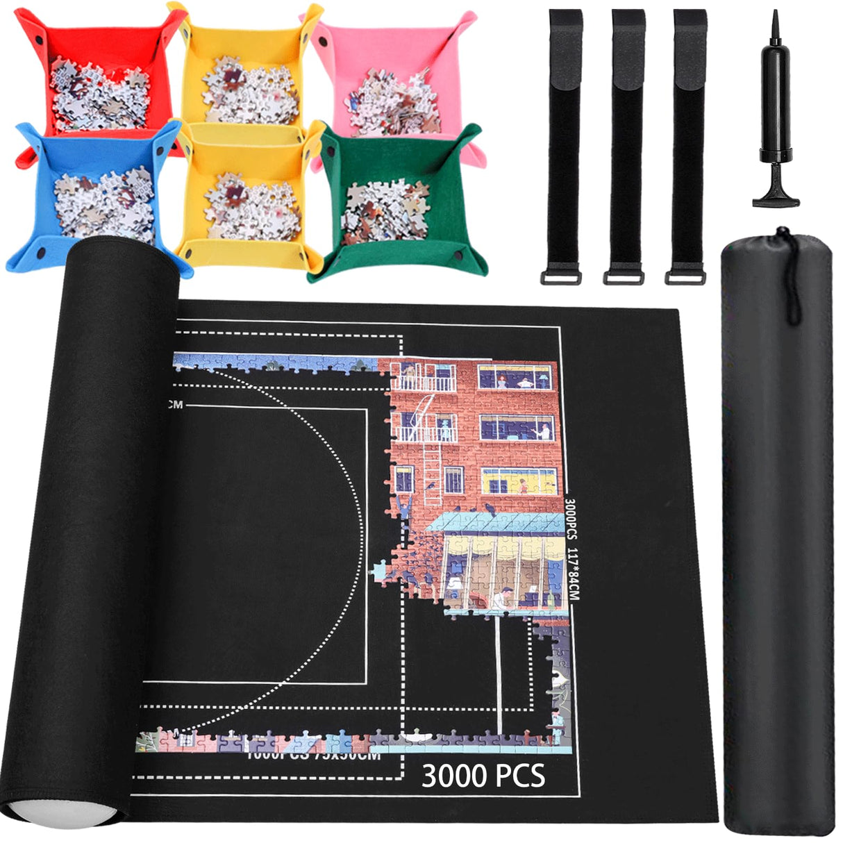 Jigsaw Puzzle Mat Roll Up - 3000 2000 1500 1000 Pieces Puzzel Matte, Black Felt Roll-Up Puzzles Felt Save Mats Trays for Sorting Board Clear Sheets and Frame Keeper for Adults Lwoeo