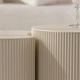 Round Nesting Coffee Table Set of 2, Modern Handcraft Wood Fluted Drum Circle Side Table Small Minimalist Unique Tea End Table for Living Room, No Assembly Required, 27.56" &19.69", Crescent Beige SLEERWAY