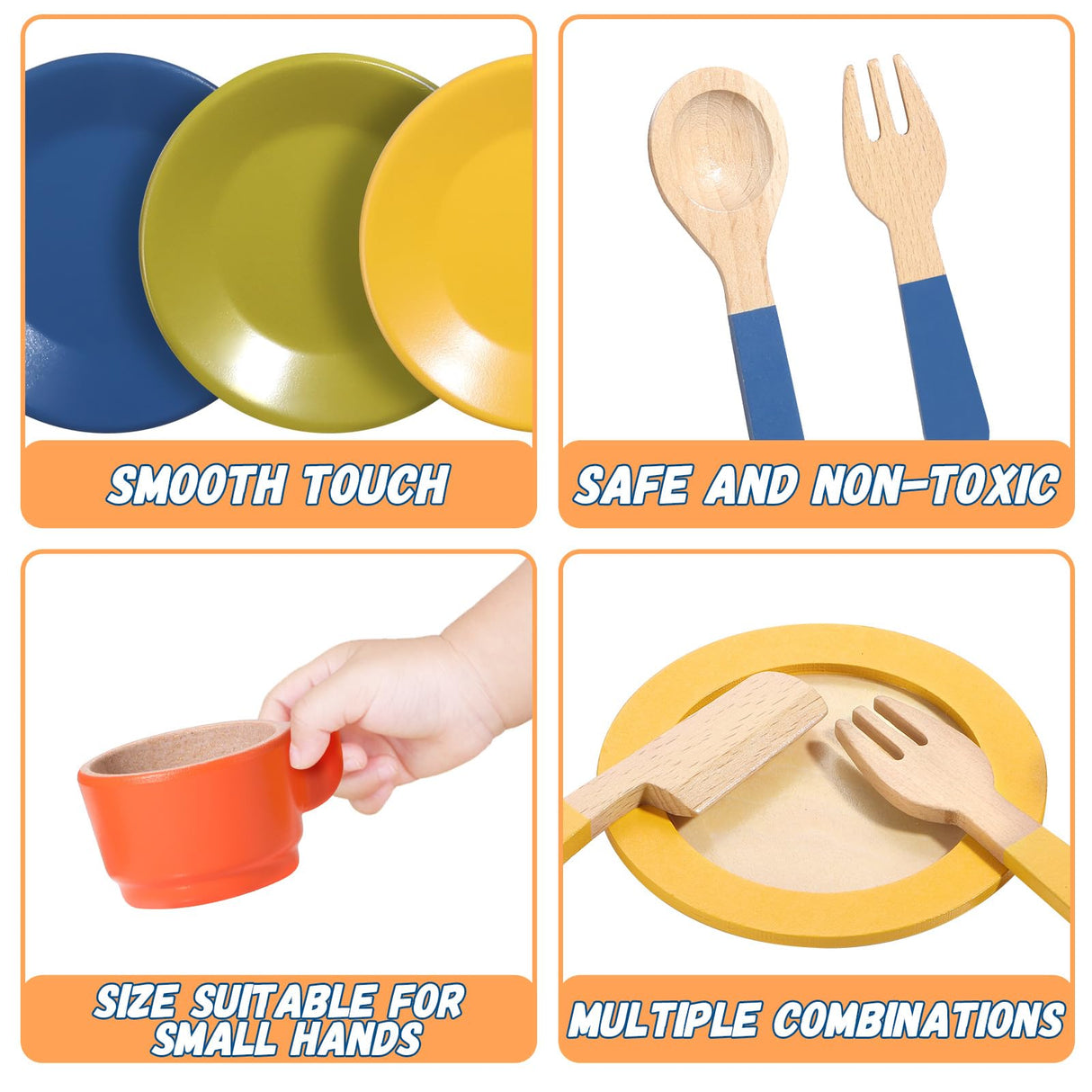 GAGAKU Wooden Dish Set for Kids,Play Dishes for Kids Kitchen, Wood Plates Set for Toddler, Montessori Wooden Kitchen Toys Accessories GAGAKU