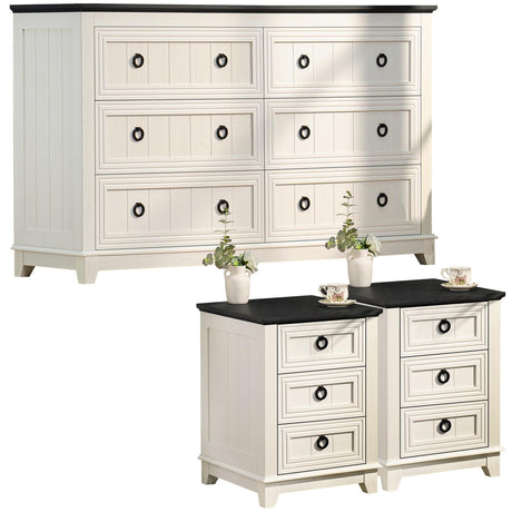 Joaxswe Farmhouse Dresser and Nightstand Sets 3 Piece, Nightstands Set of 2 and 6 Drawers Dresser for Bedroom, 58" Wide Dresser and 18" Inch Night Stand Set for Bedroom, Living Room, Hallway Joaxswe