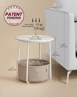 VASAGLE End Table, Small Bedside Table with Fabric Basket, Modern Nightstand, Round Side Table, for Living Room, Bedroom, Matte White and Camel Brown ULET223W10 VASAGLE