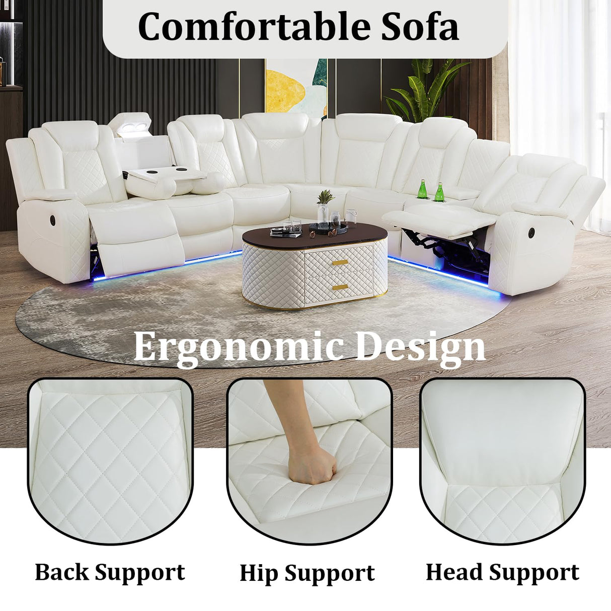 SIENWIEY Power Reclining Sectional Sofa Set with LED Lights, Vegan Leather Recliner Sectional Couch for Living Room Furniture,Wireless Charging/USB Charging/Reading Lamp/Armrest Storage,White SIENWIEY