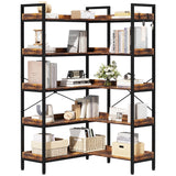 KOUSEI 5-Tier Bookshelf Reversible,Corner Bookcase 4 Hooks,65" Industrial Wooden Bookcase with Open Wide Shelves and Metal Frame for Living Room, Bedroom, Home Office,Rustic Brown KOUSEI