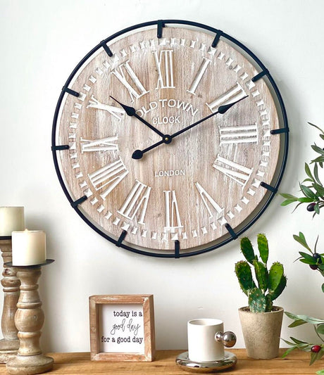 UPPER DECOR 24 Inch Large Farmhouse Wall Clock - Rustic Wooden Silent Wall Clock with Metal Circle & Engraved Numerals, Battery Operated for Kitchen, Bedroom, Living Room, Fireplace Mantel Decor UPPER DECOR