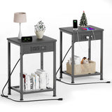 Fixwal Nightstands Set of 2 with Charging Station, End Tables with U-S-B Ports and Power Outlets, Narrow Bedside Table Set of 2 for Living Room, Farmhouse, Sofa Couch (Black) Fixwal