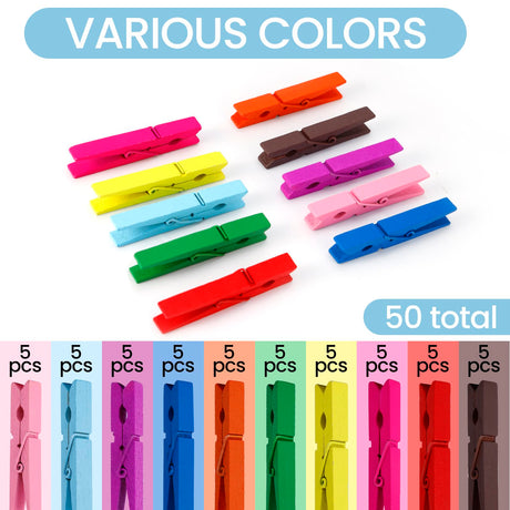 50PCS Colored Wooden Clothespins, 2.9inch 10 Color Clothes Pins for Clip Pictures Photos Decorative, Small Colorful Wood Decoration Closepins Clips,10 Color Each 5Pcs (Colored) HONGYUTAI