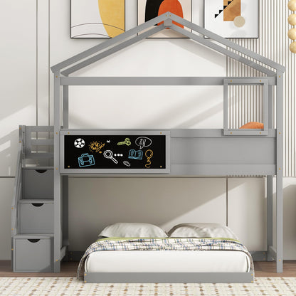 Harper & Bright Designs House Bunk Bed with Stairs,Twin Over Full Bunk Beds with Blackboard,Wood Kids Floor Bunk Bed Frame with Storage Shelves,Space-Saving Design, Gray