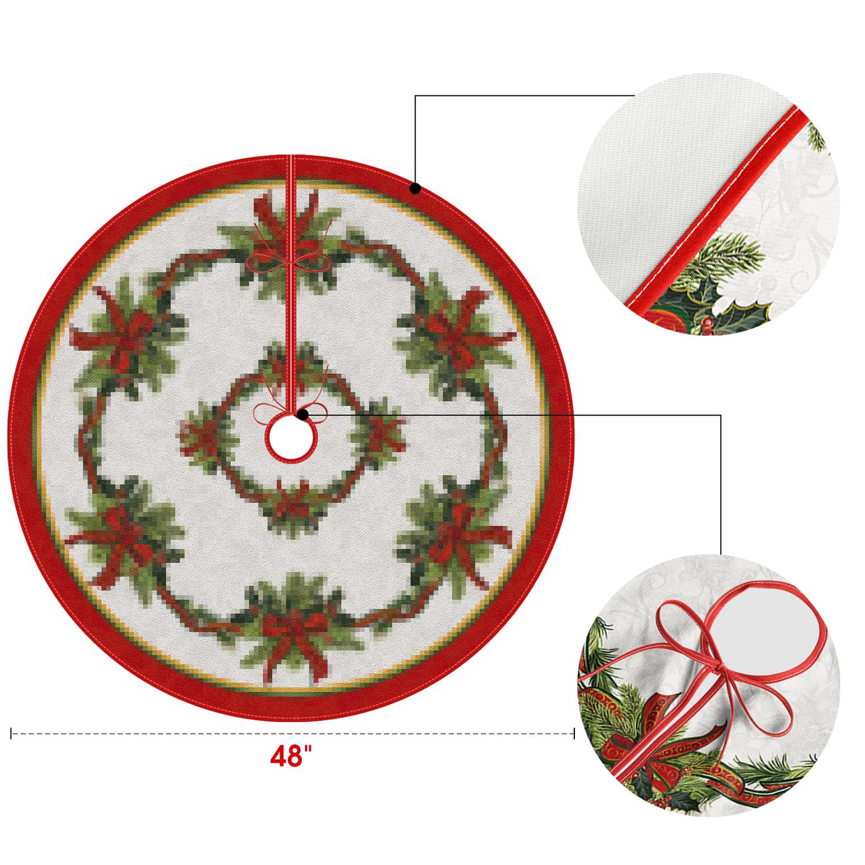 AVOIN colorlife Christmas Tree Skirt 48 Inch, Christmas Ribbon Holly Winter Holiday Tree Mat Decoration AVOIN colorlife