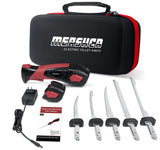 Mershca Cordless Electric Fillet Knife, with 5 Ti-Nitride S.S. Coated Non-Stick Reciprocating Blades & Cooling Hole Non-Slip Grip Handle & Practical handbag, Rechargeable Electric Knife for Fishing Mershca