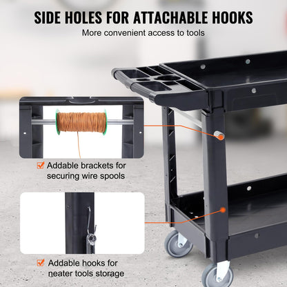 VEVOR Utility Service Cart, 2 Shelf 550LBS Heavy Duty Plastic Rolling Utility Cart with 360° Swivel Wheels, Medium Lipped Shelf, Ergonomic Storage - WoodArtSupply