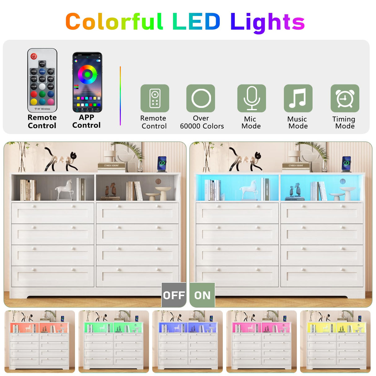 GarveeHome 8 Drawers Wooden Dressers with LED Lights and Power Outlet for Bedroom, Large Modern Wood Dresser for Living Room, Hallway, Wide Chest of Drawers Wood TV Stand Dressers for 55" TV (White) GarveeHome