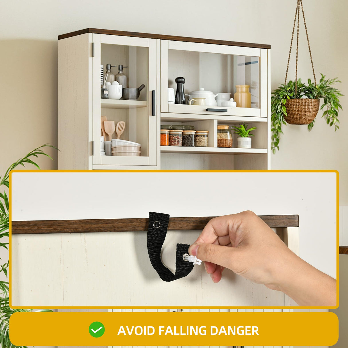 DWVO Tall Kitchen Pantry Storage Cabinet with Power Outlet, Farmhouse Storage Cabinets with Door & Shelves,Kitchen Hutch Buffet Cabinet with Microwave Stand, Walnut White DWVO