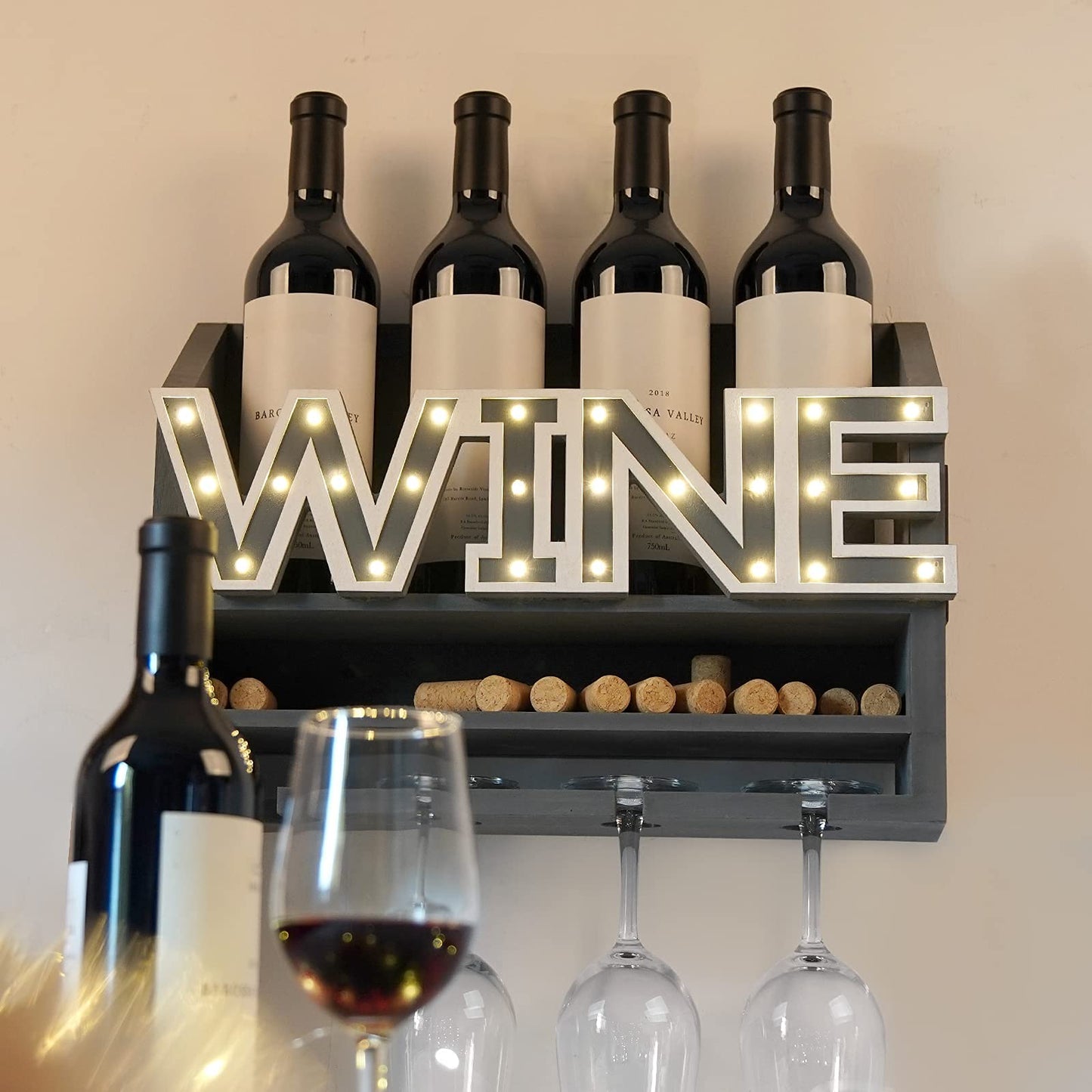 Shikha LED Wooden Wall Mounted Wine Rack and Glass Holder –Rustic Wine Bottle & Glass Holder & Wine Cork Storage Modern Home Decor 5 Bottle and 4 Glass Holder - WoodArtSupply