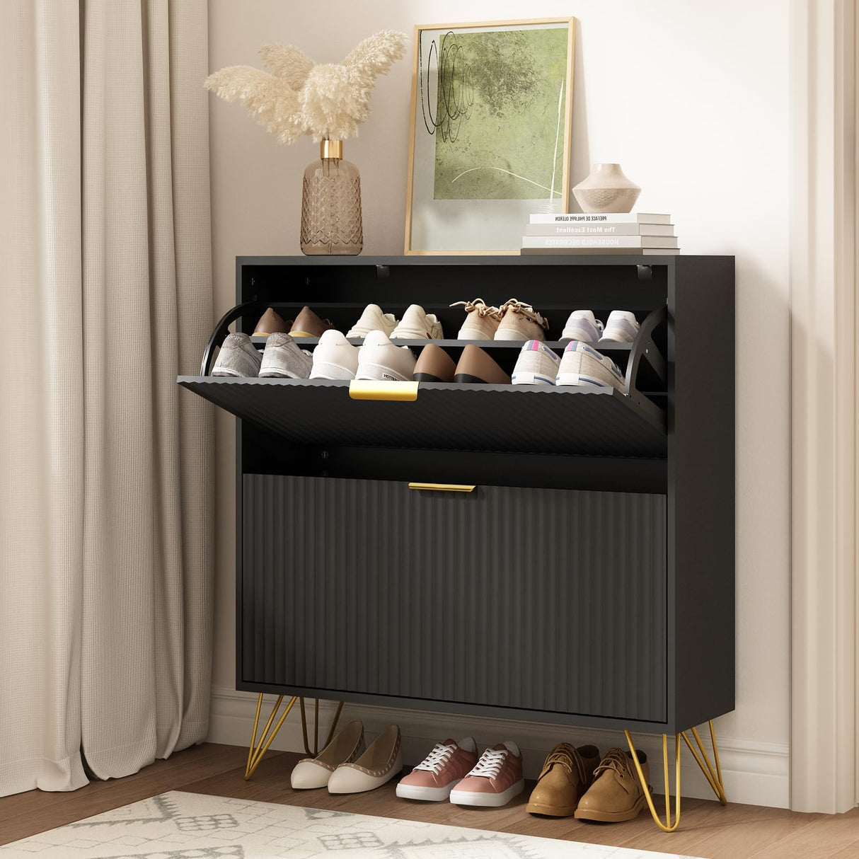 NOVAMAISON Shoe Cabinet with 2 Flip Drawers, Fluted Black Shoe Storage Cabinets, Hidden Shoe Cabinet Storage for Entryway Slim, Modern Freestanding Shoe Rack Organizer, Black NOVAMAISON