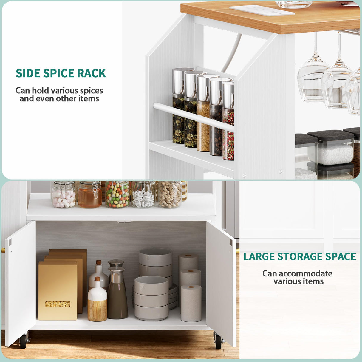 YITAHOME Kitchen Island Cart with Power Outlet, 33 Inch Mobile Kitchen Cart with Open Shelves, Rolling Portable Serving Utility Carts on Wheels with Storage for Kitchen, Dining Room, White YITAHOME