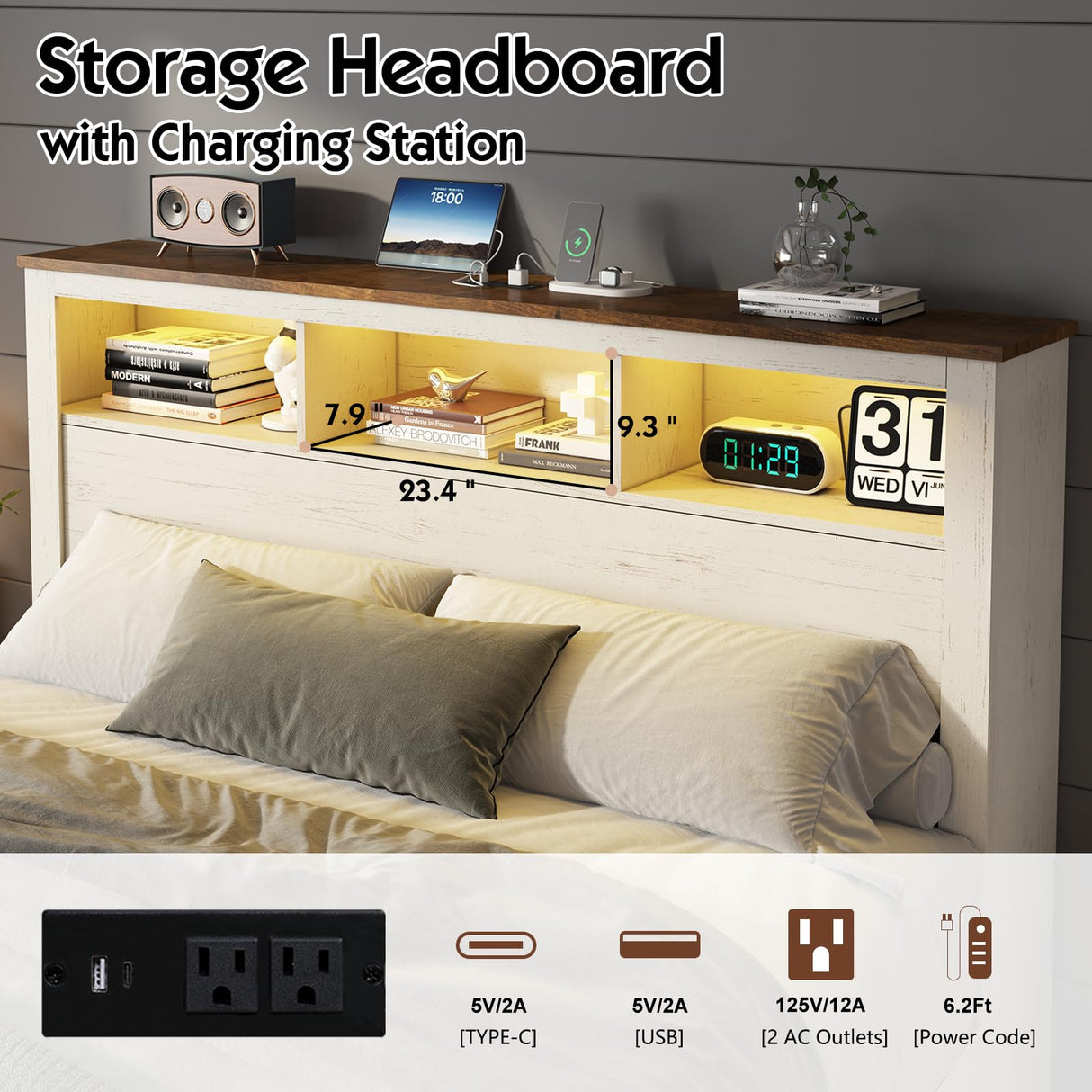 LUXOAK King Size Bed Frame with Bookcase Storage Headboard & Footboard, Farmhouse Wood Platform Bed with LED Light & Charging Station, No Box Spring Needed, White LUXOAK