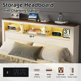 LUXOAK King Size Bed Frame with Bookcase Storage Headboard & Footboard, Farmhouse Wood Platform Bed with LED Light & Charging Station, No Box Spring Needed, White LUXOAK