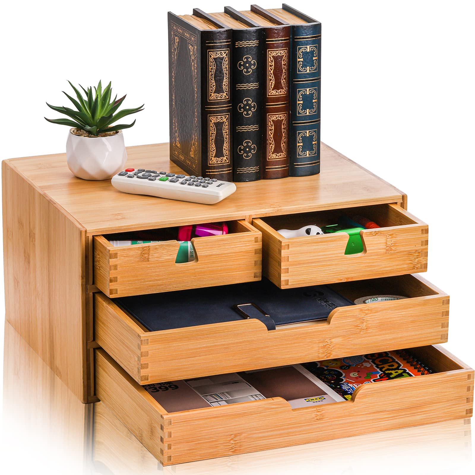 DEAYOU Bamboo Desk Organizer, Bamboo Storage Cabinet Box with 4 Drawers for Letter, Home Office Supplies, 3-Layer - WoodArtSupply