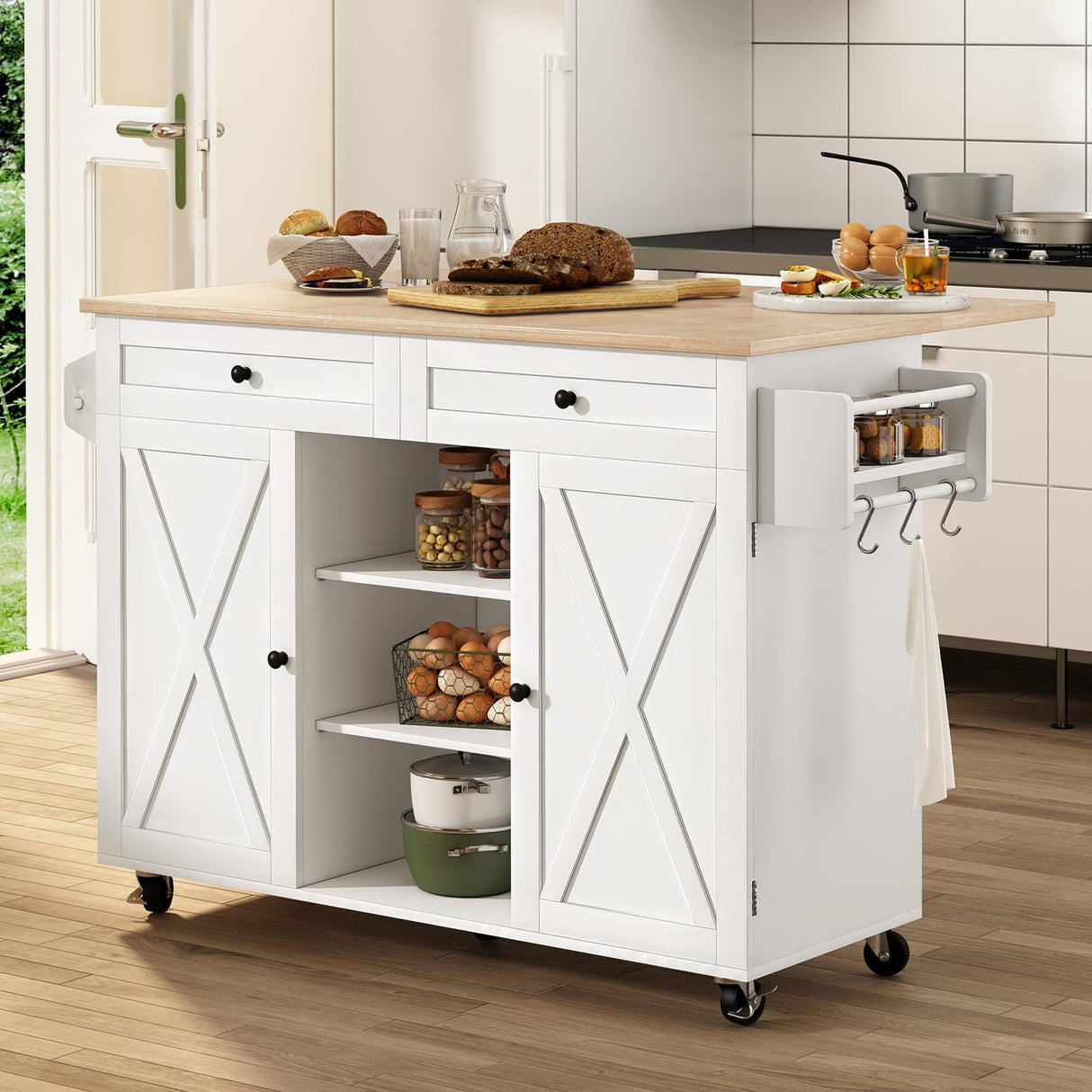 HLR Kitchen Island On Wheels, Rolling Kitchen Island Cart with Drop Leaf Countertop, Barn Door Kitchen Islands Table with Storage Cabinet and Tower Rack, Island Table for Kitchen HLR