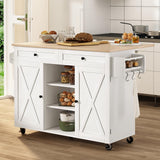 HLR Kitchen Island On Wheels, Rolling Kitchen Island Cart with Drop Leaf Countertop, Barn Door Kitchen Islands Table with Storage Cabinet and Tower Rack, Island Table for Kitchen HLR