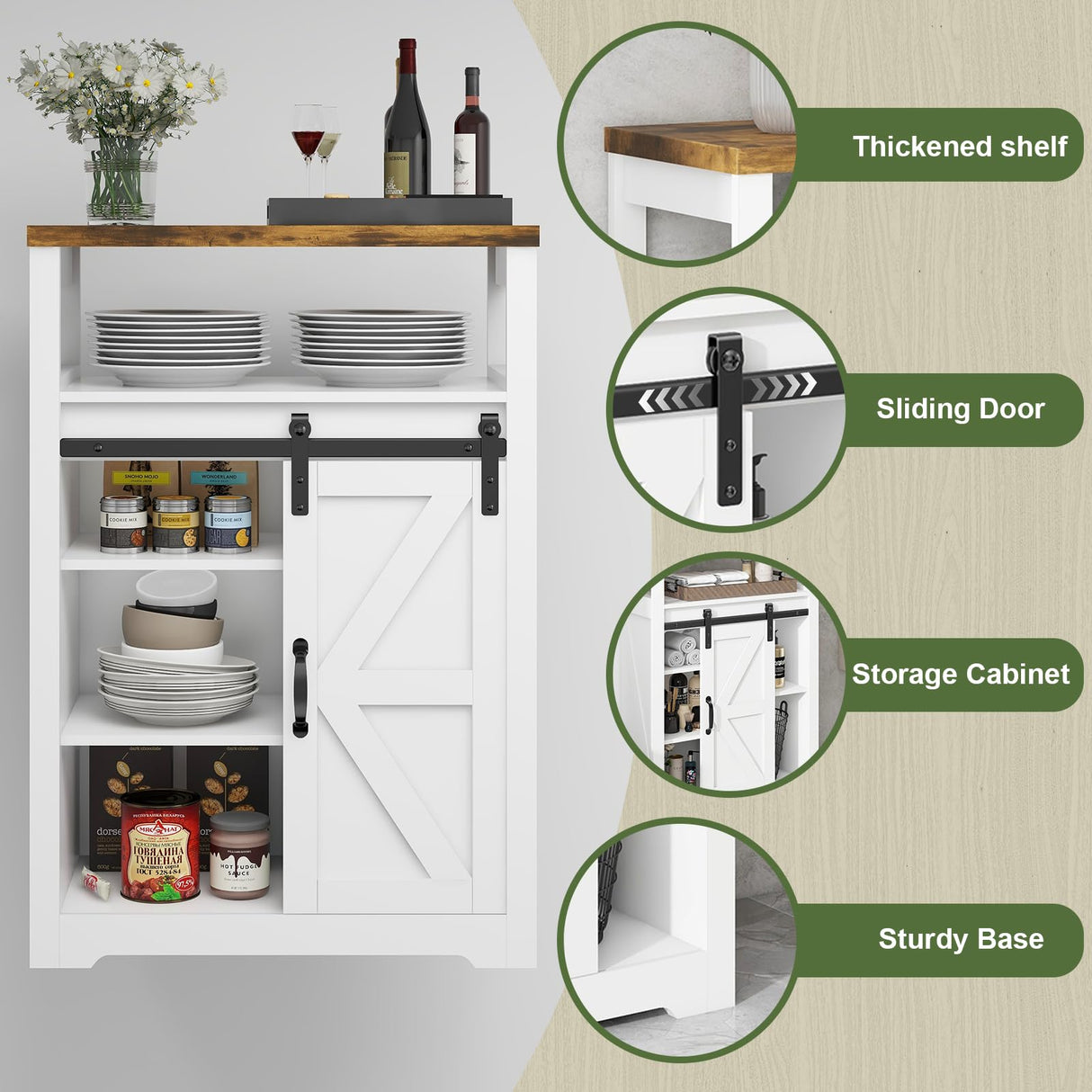 Vabches Bathroom Floor Cabinet, Small Storage Cabinet with Sliding Door, Adjustable Shelf, Farmhouse Storage Cabinet for Bathroom, Kitchen, Living Room, Rustic Style Cabinet, White Vabches