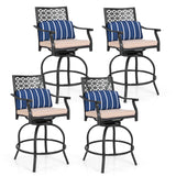COSTWAY Outdoor Bar Chair Set of 4, 24.5 Inch Swivel Counter Height Bar Stools with Footrest, Seat Cushions & Lumbar Pillows, Metal Dining Bar Chairs for Patio, Backyard, Poolside (4) COSTWAY