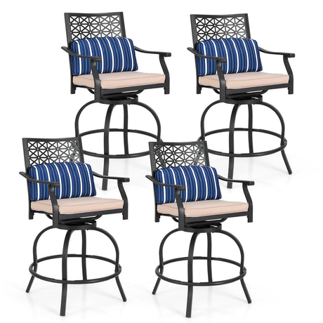 COSTWAY Outdoor Bar Chair Set of 4, 24.5 Inch Swivel Counter Height Bar Stools with Footrest, Seat Cushions & Lumbar Pillows, Metal Dining Bar Chairs for Patio, Backyard, Poolside (4) COSTWAY