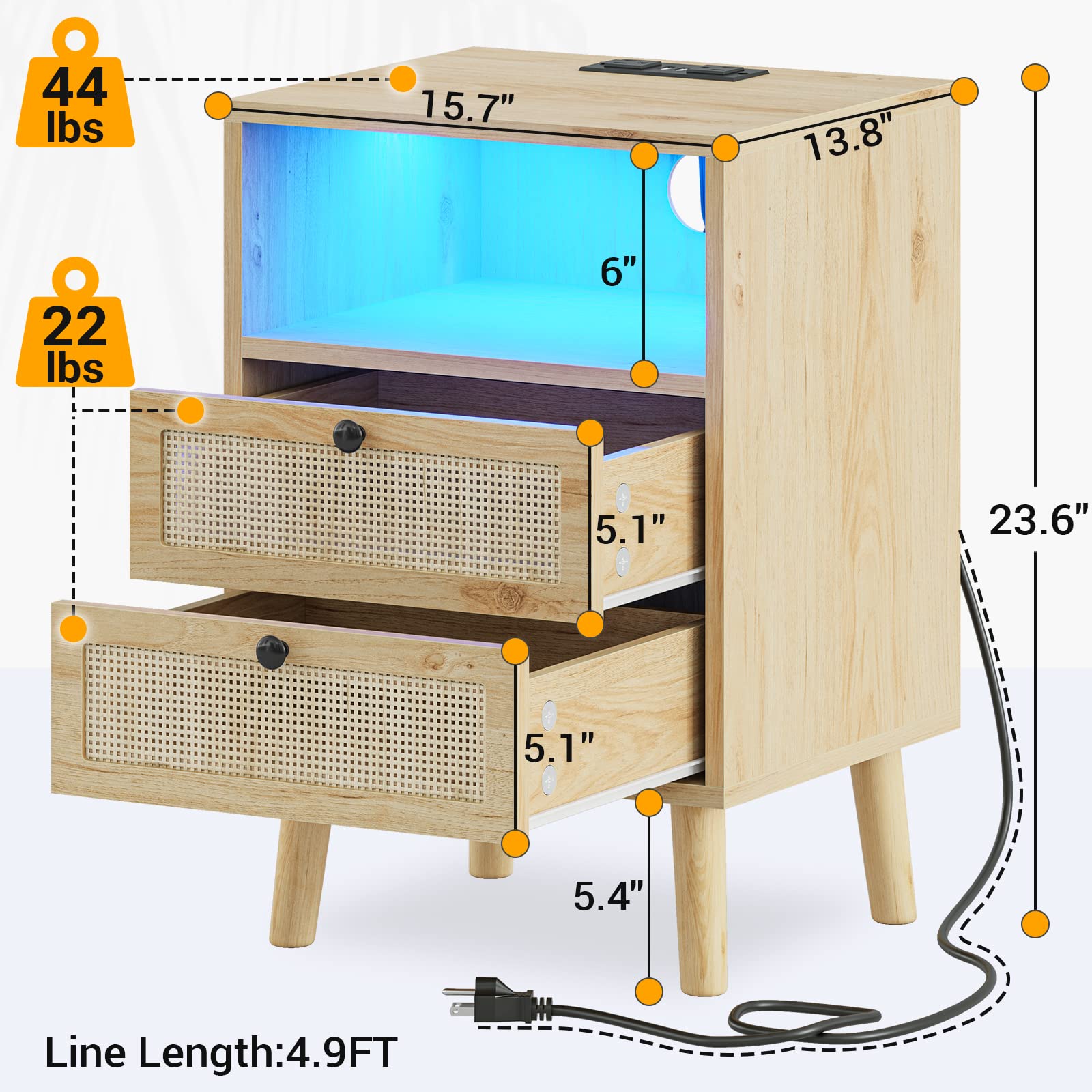 VIAGDO Rattan Nightstands Set of 2 with LED Lights, Night Stand with Charging Station and Storage Drawers, Bedside Tables with Solid Wood Feet, Modern End Side Table for Bedroom, Natural - WoodArtSupply