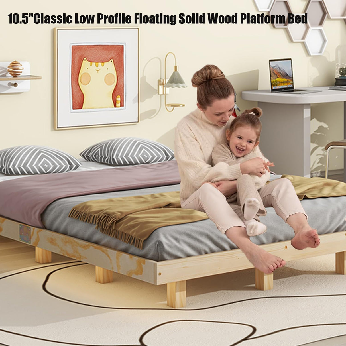 Classic Low Profile Solid Wood Platform Bed with LED Lighting – Japanese Style, Easy Assembly, No Box Spring Needed (Natural, Queen) Klwenas Maec