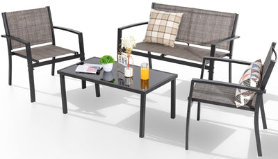 Shintenchi 4 Pieces Patio Furniture Set All Weather Textile Fabric Outdoor Conversation Set, with Glass Coffee Table, Loveseat, 2 Single Chairs for Home, Garden, Lawn, Porch（Light Brown）