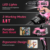 20V Cordless Drill, Electric Power Drill Set with Battery Charger, 3/8” Keyless Chuck, 2 Variable Speed, 18+3 Torque, 72pcs Driver Bits and Belt Hook, Pink JIARUISI