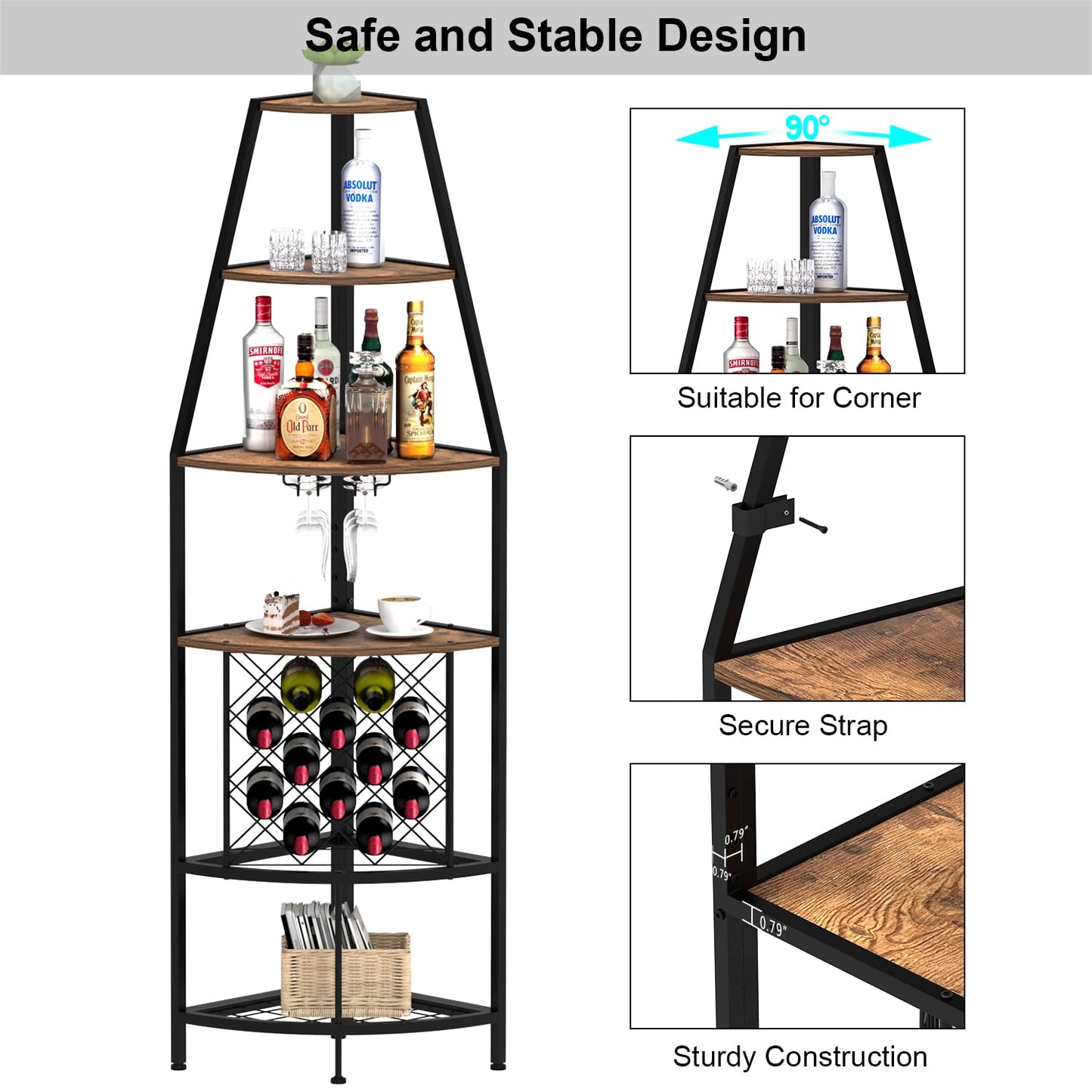 Espelism 5-Tier Corner Wine Rack with LED Light Floor Standing Wine Rack with Glass Holder and Bottles Wine Storage Home Bar Furniture for Kitchen Living Dining Room (Rustic Brown) - WoodArtSupply