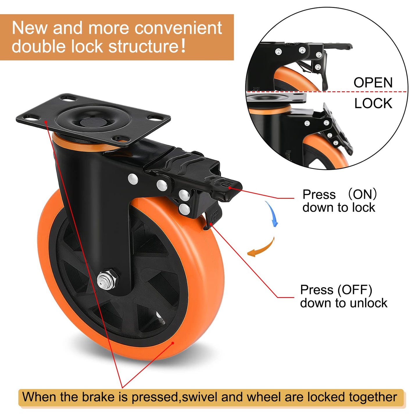 6 Inch Heavy Duty Caster Wheels Load 3000 Lbs with Brake Safety Dual Locking No Noise Wheels Swivel Casters Set of 4 (Free Screws)