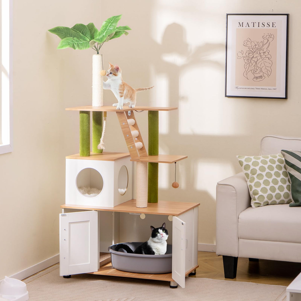 Tangkula Cat Tree with Litter Box Enclosure, 2-in-1 Cat Tower with Condo, Sisal Scratching Posts, Hanging Rope, Dangling Balls, Scratching Pad, Hidden Litter Box Furniture for Indoor Cats (White) Tangkula