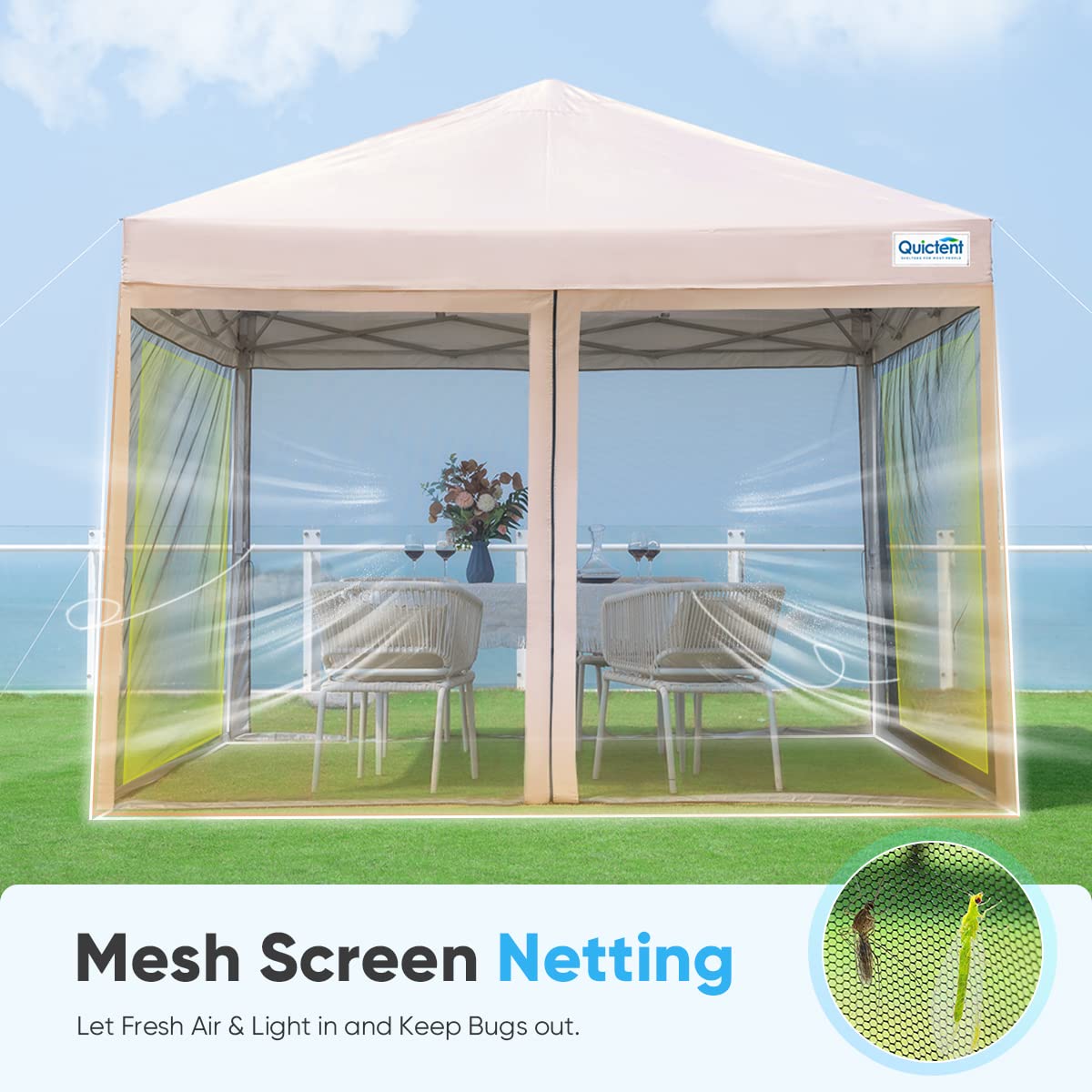 Quictent 10'x10' Pop up Canopy Tent with Mosquito Netting, Outdoor Ez up Screened Canopies Screen House Room Tent Portable, Fully Sealed, Waterproof & Wheeled Carry Bag Included (Tan) - WoodArtSupply