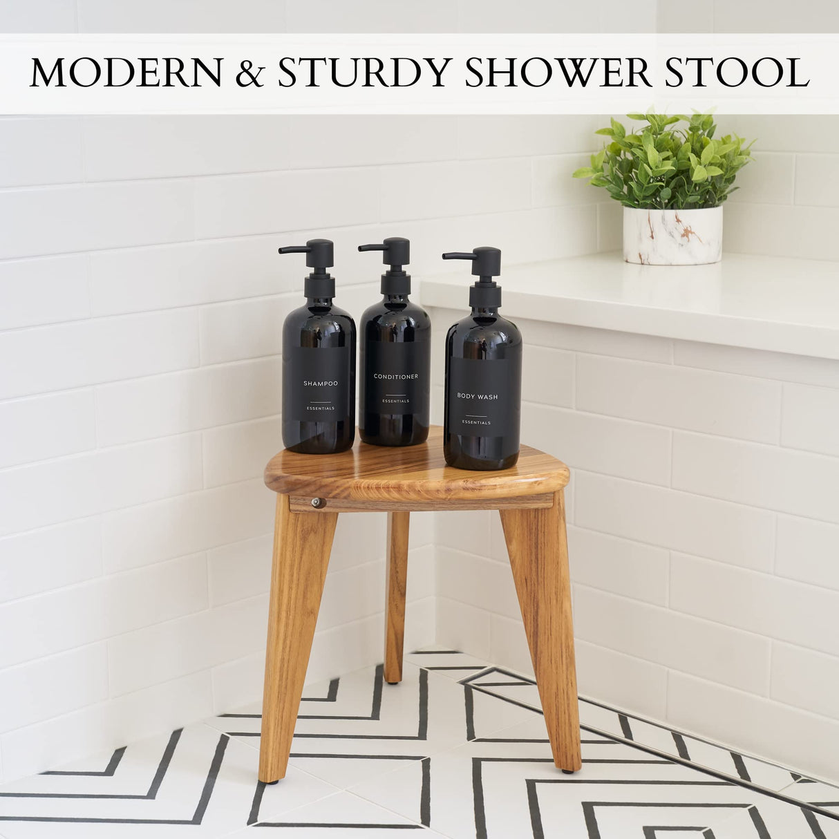 Beautiful Teak Shower Stool and Foot Rest for Shaving Legs - Sturdy Wooden Seat Fits Nicely into Your Shower Corner - Space Saving, Easy to Assemble and Water Resistant Bench for Inside Showers KIBAGA