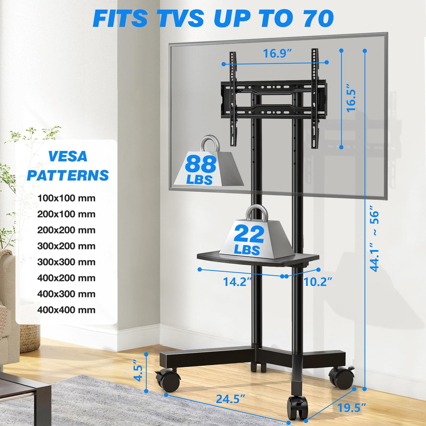 Rfiver Rolling TV Stand with Laptop Shelf, Mobile TV Stand with Upgraded Wheels for 32-70 Inch TVs, Height Adjustable Mobile TV Cart up to 88lbs, Portable TV Stand for Outdoor, Home, Office