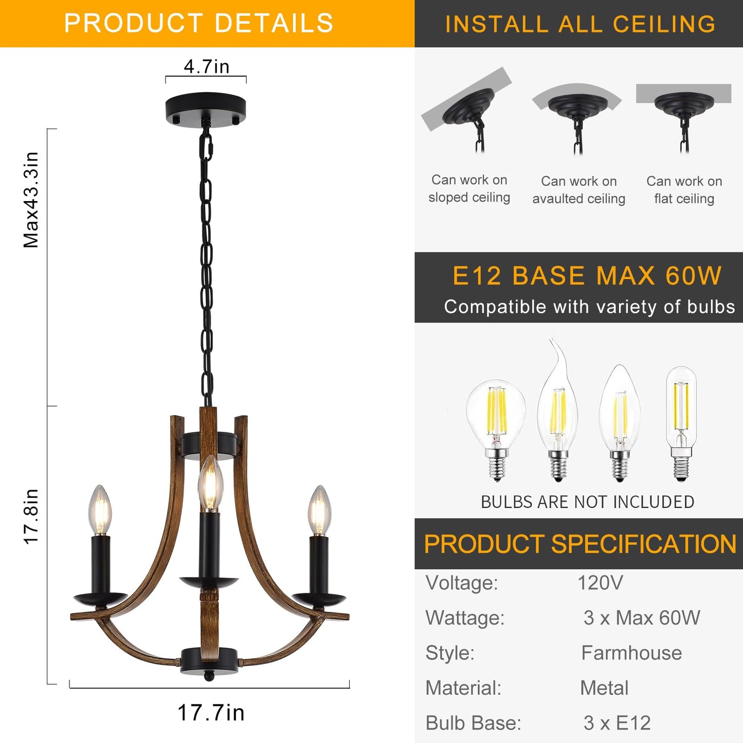 Widluth Farmhouse Wooden Chandelier Vintage 3-Lights Industrial 17.7“ Candle Style Chandelier with Wood Finish Metal Retro Rustic Black Chandelier for Dining Room, Kitchen Island, Living Room - WoodArtSupply